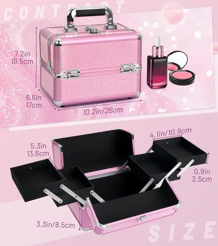 Vista 2 de Estuche de tren de maquillaje, estuche organizador de cosméticos, caja de maquillaje portátil, estuche de viaje para artistas de maquillaje con 4
