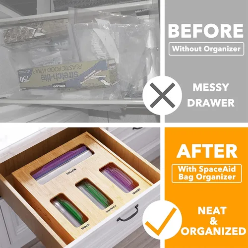 Vista 2 de SpaceAid Organizador de almacenamiento de bolsas (1 caja con 4 ranuras), divisores de cajones de bambú SpaceAid con insertos