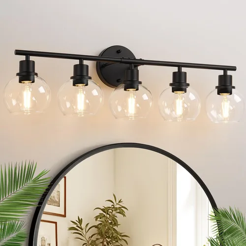 Vista 23 de Indoi Juego de 2 apliques de pared negros mate, lámparas de tocador de vidrio transparente con base E26, luces de pared reversibles arriba o abajo