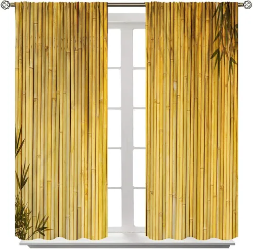 Vista 8 de Cortinas con estampado de bambú, tallos y hojas de bambú, temática oriental natural, oscurecimiento de habitación, ventana, ventana, cortina