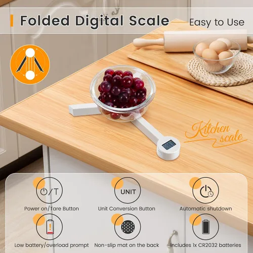 Vista 3 de Báscula de alimentos plegable, báscula digital de cocina, báscula compacta pequeña de alta precisión con pantalla LCD, báscula de alimentos portátil