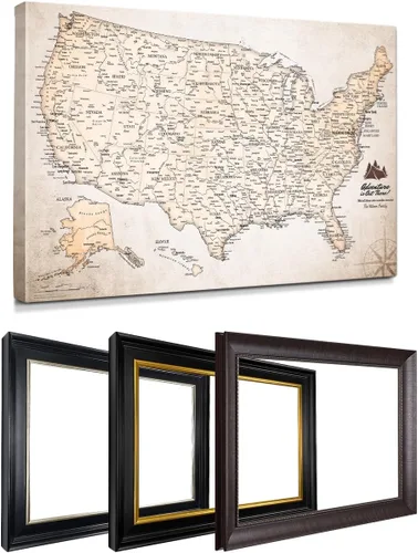 Vista 72 de IPIC - Lienzo con mapas de EE. UU. para decoración de pared, mapa con pin de empuje para marcar viajes, mapa de viaje impreso de EE. UU.