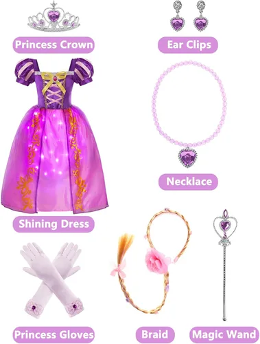 Vista 2 de IBQ Disfraz de princesa Rapunzel para niñas, vestido de manga abombada iluminada, cumpleaños, Halloween, cosplay, trajes de Navidad