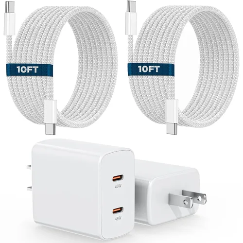 Vista 8 de Cargador súper rápido USB C de 45 W, paquete de 2 bloques de carga dual USB C para iPhone con cable trenzado tipo C a C de 3.3 pies de carga rápida