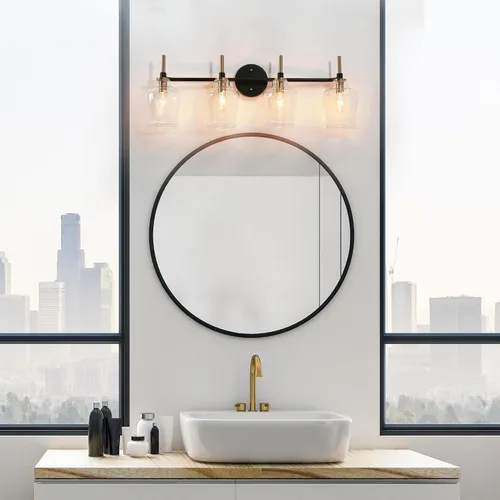Vista 4 de Durent Lighting Lámparas de tocador de baño, 4 luces de baño sobre espejo, 28.5 pulgadas, negro y dorado