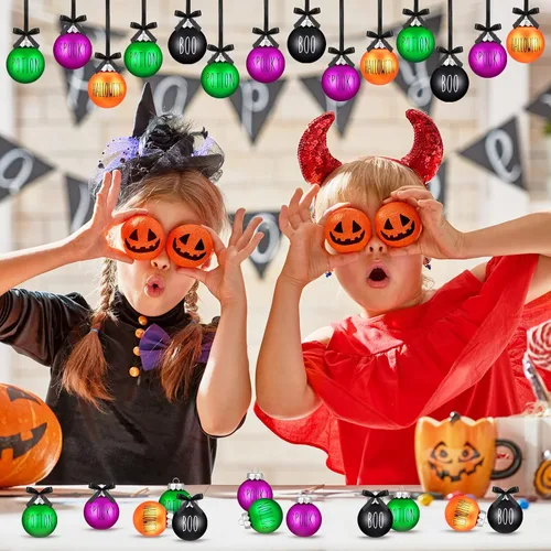 Vista 2 de Karenhi 16 adornos de bola de Halloween para árbol, decoraciones de Halloween de 2.4 pulgadas, decoración colgante de plástico para árbol y fiesta