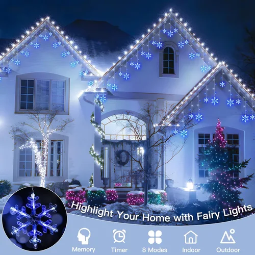 Vista 8 de suddus Luces de Carámbano de Copo de Nieve para Exteriores, 10.7 pies, 168 Luces LED de Cadena Navideñas Conectables Enchufables con 14 Tiras Azul
