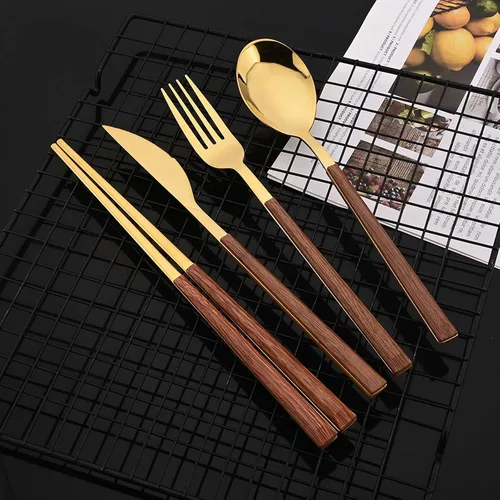 Vista 3 de JASHII Juego de cubiertos reutilizables de 24 piezas, acero inoxidable dorado, tenedor, cuchara, palillo y mango cuadrado de madera, servicio