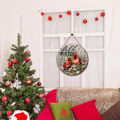 Vista 4 de Bienvenida Invierno Letrero de Puerta Letrero de Puerta de Invierno y Navidad Decoración de Puerta de Madera para Pared de Granja Colgante Placa