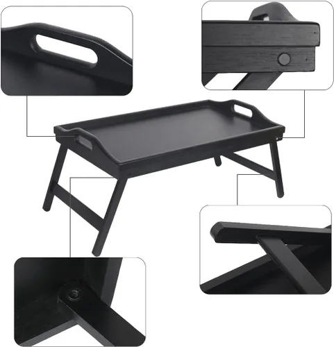 Vista 8 de Escritorio multiusos de madera de bambú, patas plegables, bandeja de comida para desayuno, bandeja de televisión para servir cena, té, ligero
