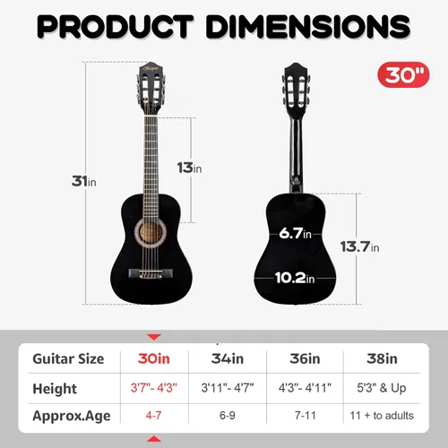 Vista 2 de Guitarra Acústica Negra para Principiantes de 30 pulgadas, Paquete de Inicio, Guitarra para Estudiantes/Niños con Funda, Correa, 2 Púas, Cuerdas