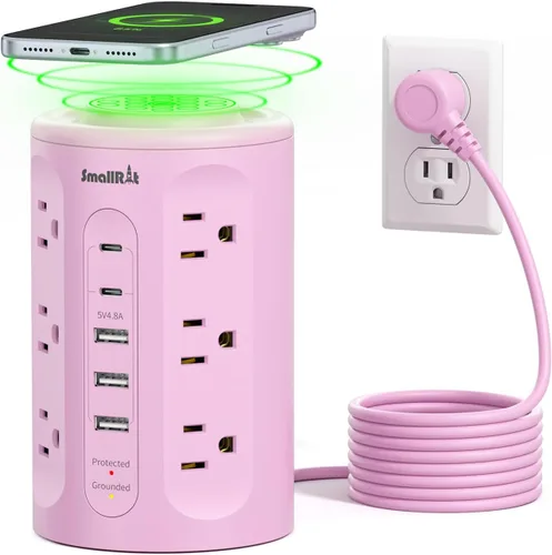 Vista 12 de Torre de regleta de protección contra sobretensiones con 5 puertos USB y luz nocturna, cable de extensión de 10 pies con 12 tomas de corriente Negro