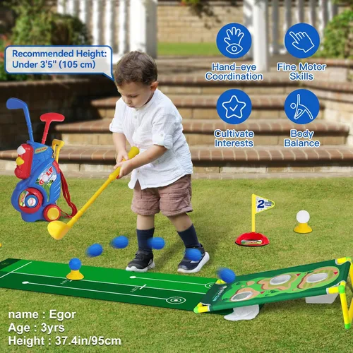 Vista 5 de Juego de Golf para Niños Pequeños para Niños y Niñas de 2 3 4 5 Años, Carrito de Golf Mejorado para Niños con Alfombrilla de Putting y Tablero