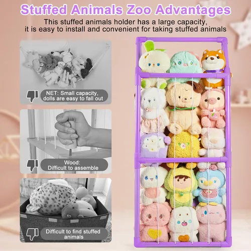 Vista 7 de Basumee Almacenamiento de animales de peluche, zoológico, para niños, con dos correas de arco iris, tubo de PVC, organizador de almacenamiento