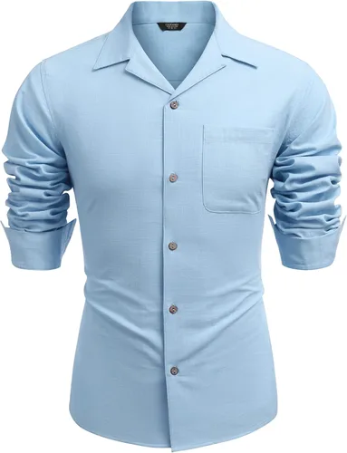 Vista 4 de COOFANDY Camisas de algodón y lino para hombre, de manga larga, casuales, con botones, para la playa