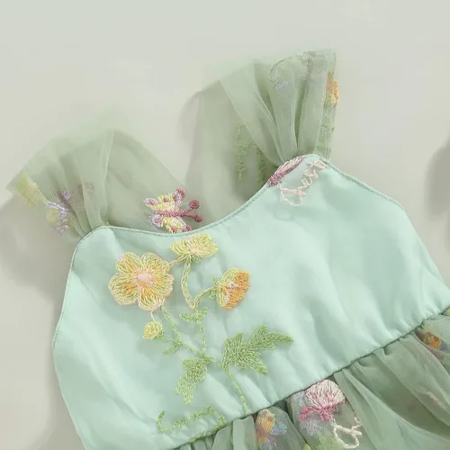 Vista 4 de Vestido de verano para bebé niña, con tirantes ajustables, sin espalda, bordado floral, tutú de cumpleaños