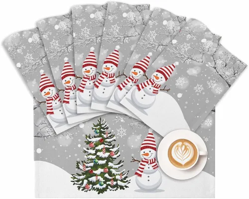 Vista 9 de Juego de 6 manteles individuales de Navidad, muñeco de nieve, copo de nieve, árbol de Navidad, resistentes al calor, para mesa de comedor, lino