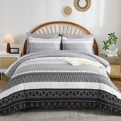 Vista 12 de WONGS BEDDING Juego de edredón Queen, rayas geométricas de oro negro Negro dorado