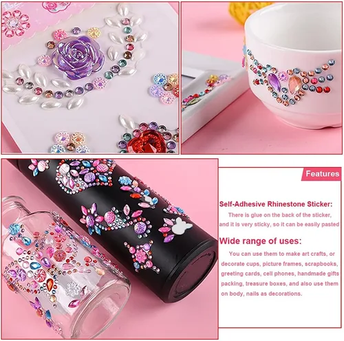 Vista 4 de 14 hojas de calcomanías de diamantes de imitación, joyas y gemas autoadhesivas para manualidades, álbumes de recortes, multicolor, acrílico
