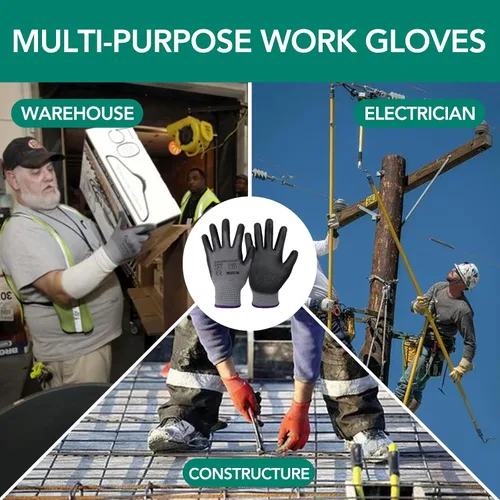 Vista 3 de Guantes de trabajo con revestimiento de poliuretano, 12 pares, guantes de jardín finos para hombres y mujeres, ideales para trabajo ligero