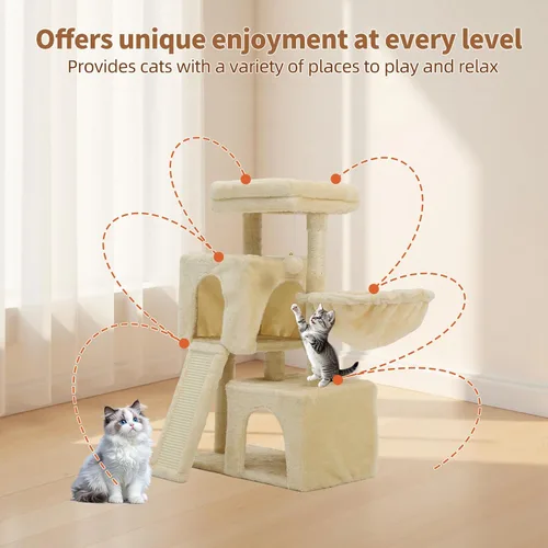 Vista 5 de Árbol para gatos de 35.8 pulgadas con cama doble para gatos y hamaca, rascador de felpa con plataforma cómoda para dormir y pelota de juguete