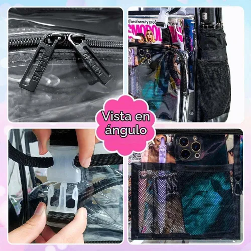 Vista 4 de Mochila transparente con tapa abatible de 17 pulgadas, juego de 3 piezas aprobado para estadios, bolsa transparente resistente para gimnasio o Negro