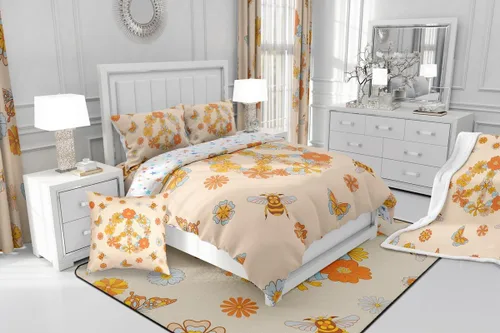 Vista 6 de jejeloiu Hippie Peace Art Living Room Rugs Retro Hippie Flower Area Rug for Kids Boys Teens Butterfly Bee Peace Sign Artwork 60S 70S Groovy Floral