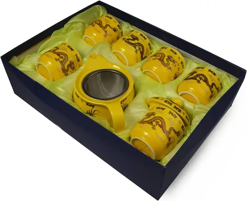 Vista 4 de Teapot Teacup Chinese Gongfu Tea Set Yellow Dragon Porcelana Acero inoxidable Filtración Caja de regalo de cerámica