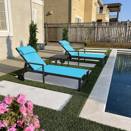 Vista 17 de PURPLE LEAF Juego de sillas de lounge al aire libre de gran tamaño de 3 piezas para patio, tumbona para piscina, estructura de aluminio con mesa