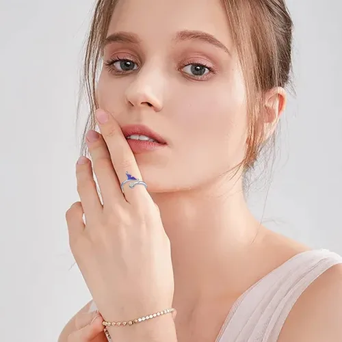 Vista 3 de Anillo de sirena de plata de ley 925 con ópalo oceánico ajustable, anillo abierto, joyería de sirena, regalo para mujeres y niñas, Plata de ley 925