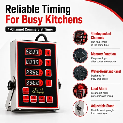 Vista 4 de Temporizador de cocina digital comercial de 4 canales, temporizador de cálculo de acero inoxidable con alarma fuerte para restaurante, recordatorio