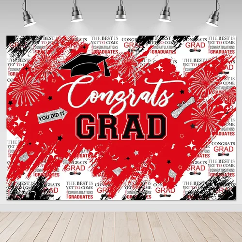 Vista 9 de Mocsicka Telón de fondo de graduación de 7 x 5 pies – Congrats Grad Black Gold 2026 decoraciones de fiesta de graduación, fondos de fotografía