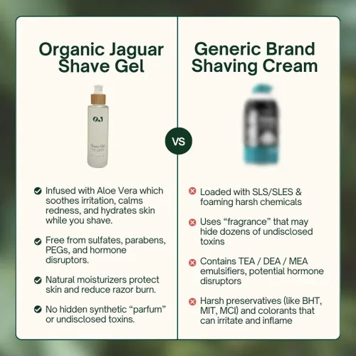 Vista 2 de Organic Jaguar Gel de afeitado natural – Gel de afeitado calmante, no espumante para hombres y mujeres con aloe vera, árbol de té y manzanilla