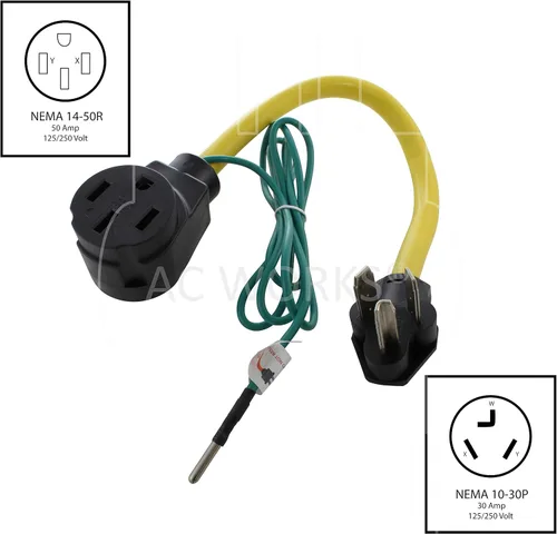 Vista 2 de AC WORKS Adaptador RV/EV 14-50R de 50 amperios (salida de secadora de 3 clavijas 30A a 50A RV/EV)