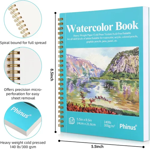 Vista 2 de Phinus Cuaderno de bocetos para acuarela de 30 hojas 14 x 21,6 cm, papel para acuarela prensado en frío (140 lb/300 g/m²), cuaderno de acuarela