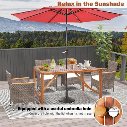 Vista 7 de Tangkula Mesa de comedor rectangular para exteriores, mesa de madera de acacia con agujero para sombrilla de 2 pulgadas, amplia mesa de listones