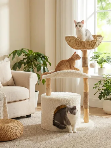 Vista 13 de MUTTROS Árbol de gato de madera con flores, torre de gato moderna con ramas de madera real, muebles de lujo boho con poste para rascar y 2 perchas