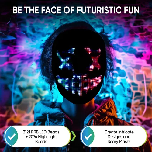 Vista 5 de LED Face Light Up Mask Rechargeable Digital Halloween Costume Cosplay Mask Controlado por aplicación