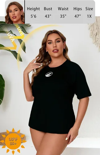 Vista 4 de Halcurt Women's Plus Size Rash Guard Swim Shirt with Built in Bra Swimsuit Todo negro