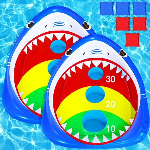 Vista 7 de Divertidos juguetes de piscina para niños, paquete de 2 tablas inflables de cornhole de rana flotante, juego de natación al aire libre para adultos