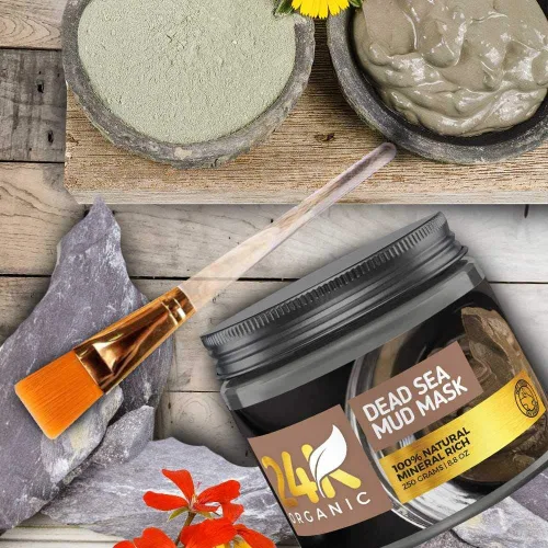 Vista 8 de Máscara orgánica de barro del Mar Muerto 24K para cara, cabello y cuerpo, 100% natural y orgánico, limpiador de piel profunda, aplicador de cepillo