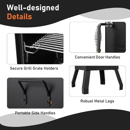 Vista 3 de Happygrill Parrillas de Carbón, Parrilla Ahumadora BBQ Vertical de 40" con Termómetro Integrado, Reguladores de Aire Ajustables, Bandeja de Agua
