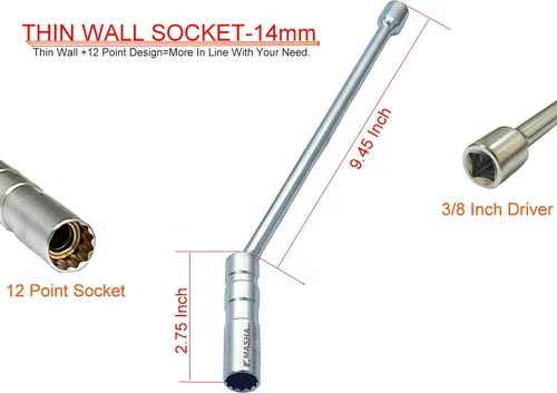 Vista 2 de Magnético giratorio de 0.551 in con enchufe de bujía de pared delgada, controlador de 3/8 pulgadas × longitud total de 12 pulgadas, enchufe de pared
