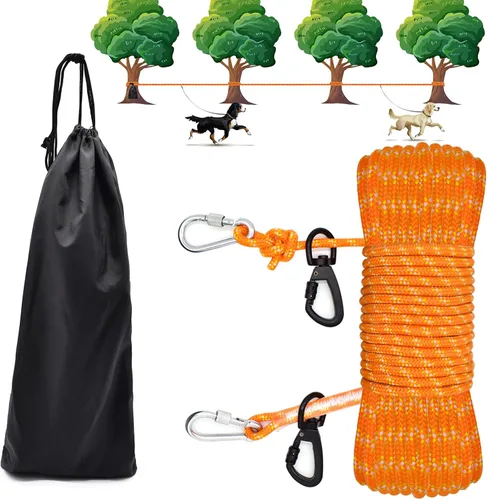 Vista 7 de Cable de amarre mejorado para perros para campamento, sistema de carrito portátil de 100 pies para 2 perros, sistema de enganche para perros Azul