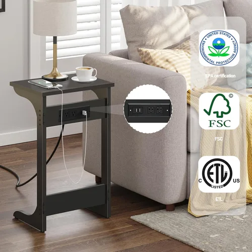 Vista 4 de TUTOTAK - Mesa auxiliar en forma de C con estación de carga, mesa lateral, mesa de sofá para espacios pequeños, bandeja de TV con 2 puertos USB