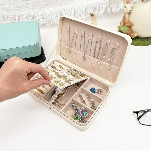 Vista 4 de Joyero de viaje, mini organizador portátil con cremallera, de piel sintética sintética, pequeñas cajas de almacenamiento para anillos, aretes