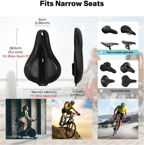 Vista 2 de YOUNGDO Cojín de asiento de bicicleta con funda impermeable, almohadilla de asiento de bicicleta de gel para sillín estrecho, absorción de golpes
