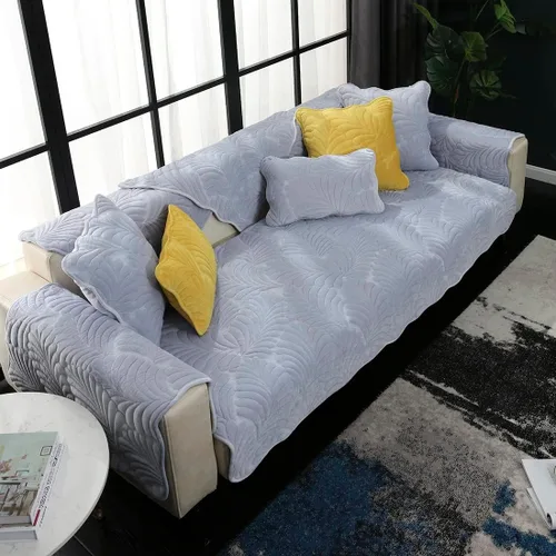 Vista 17 de vctops Funda de terciopelo suave acolchada con hojas de plátano para sofá, funda de sofá modular antideslizante para invierno, funda de muebles