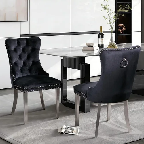 Vista 140 de Juego de 2 sillas de comedor de terciopelo con patas de madera, color beige Mid Century Modern Dining Chairs,Upholstered Chairs with Nailhead