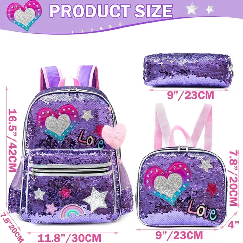 Vista 20 de Mochila para niñas de 16 pulgadas, mochilas para niñas para la escuela, mochila de lentejuelas con lonchera para estudiantes de primaria